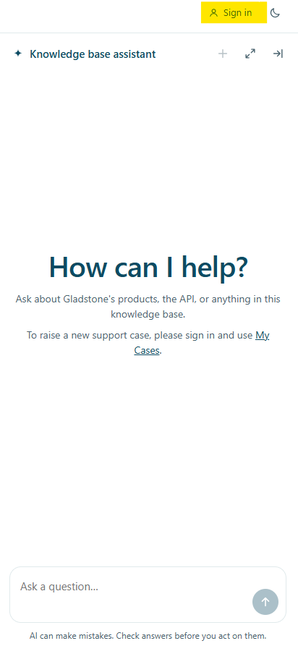 The knowledge base assistant panel, which asks you to sign in and use My Cases to raise a new support case