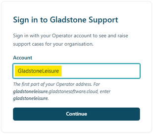 The Sign in to Gladstone Support page, with the Account field for the first part of your GoPlatform address
