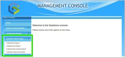 The Electronic Funds Transfer menu expanded in the GMC left-hand pane, listing the EFT reports