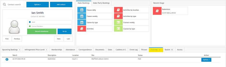 Member booking from the Bookings tab