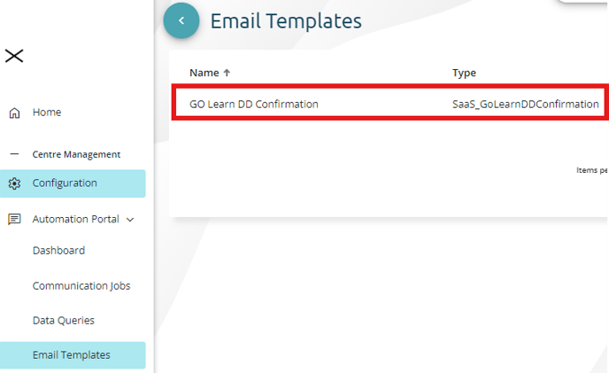 Highlighted screenshot showing the Go Learn DD Confirmation email template 